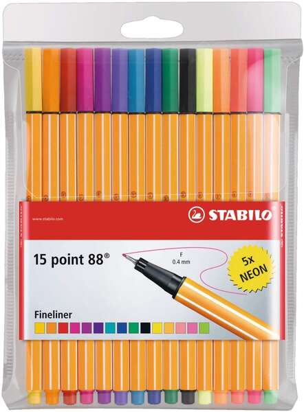 Stabilo Point 88 Pack de 15 Rotuladores de Punta Fina de Fibra - Trazo de 0.4 mm - Tinta con Base de