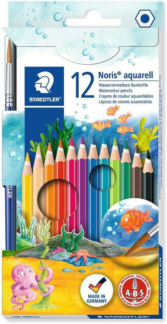 Staedtler Noris Aquarell Pack de 12 Lapices Hexagonales de Colores + Pincel - Madera de Bosques Sost