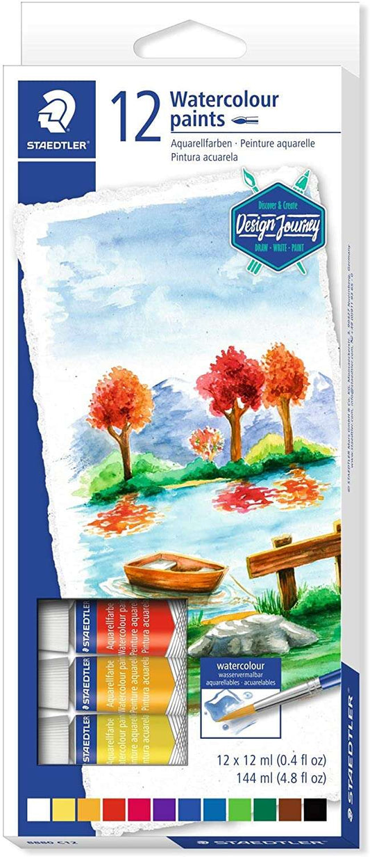 Staedtler Pack de 12 Tubos de Acuarela 12ml - Colores Brillantes  - Usar en Papel Acuarela o Cartulina - Colores Surtidos