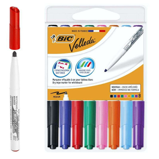 Bic Velleda 1741 Pack de 8 Rotuladores para Pizarra - Punta Media - Trazo de 1.4mm - Borrado Optimo