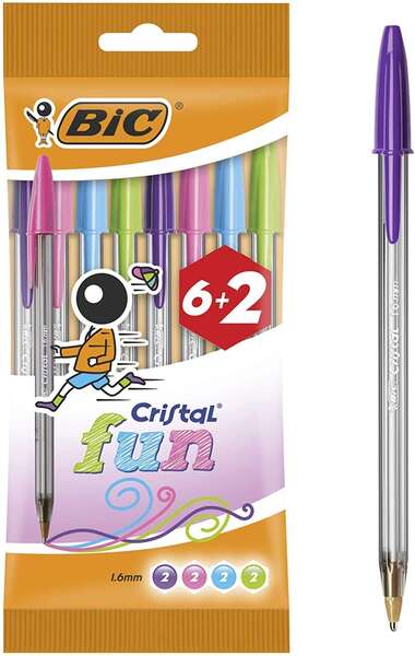 Bic Cristal Fun 6+2 Pack de 8 Boligrafos de Bola - Punta Redonda de 1.6mm - Trazo 0.42mm - Tinta con