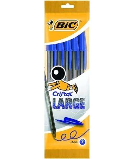 Bic Cristal Large Pack de 5 Boligrafos de Bola - Punta Redonda de 1.6mm - Trazo 0.6mm - Tinta con Ba