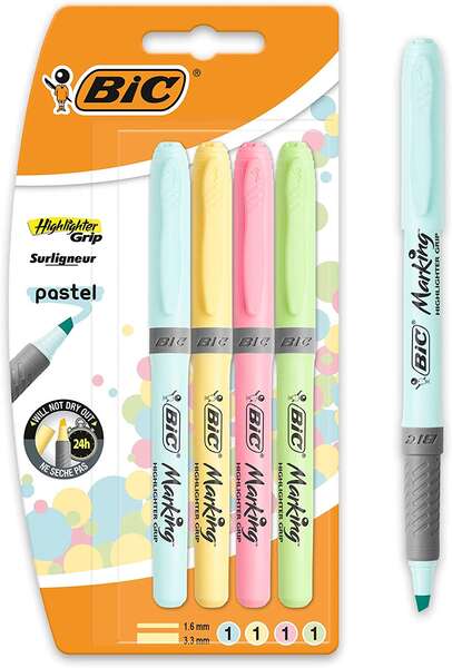 Bic Highlighter Grip Pack de 4 Marcadores Fluorescentes Pastel - Tinta con Base de Agua - Punta Bise