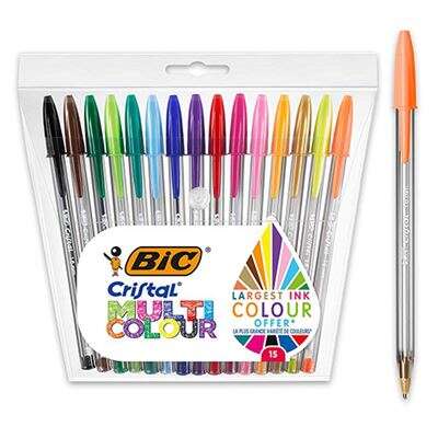 Bic Cristal Multicolour Pack de 15 Boligrafos de Bola - Punta 1.6mm - Trazo 0.42mm - Tinta con Base