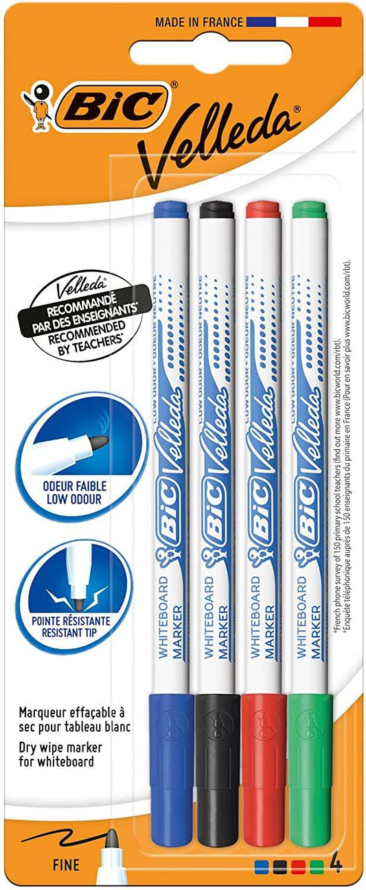 Bic Velleda 1721 Pack de 4 Rotuladores para Pizarra - Punta Fina - Trazo de 1.6mm - Borrado Optimo -