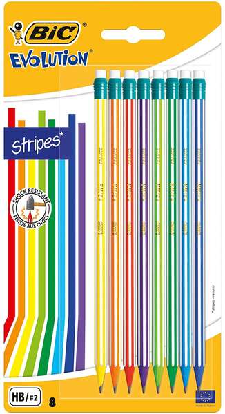 Bic Evolution Stripes Pack de 8 Lapices de Grafito Hexagonales con Goma de Borrar - Mina HB Ultrares
