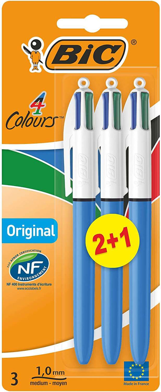 Bic 4 Colours Original Pack de 3 Boligrafos de Bola Retractil - Punta Media de 1.0mm - Tinta con Bas