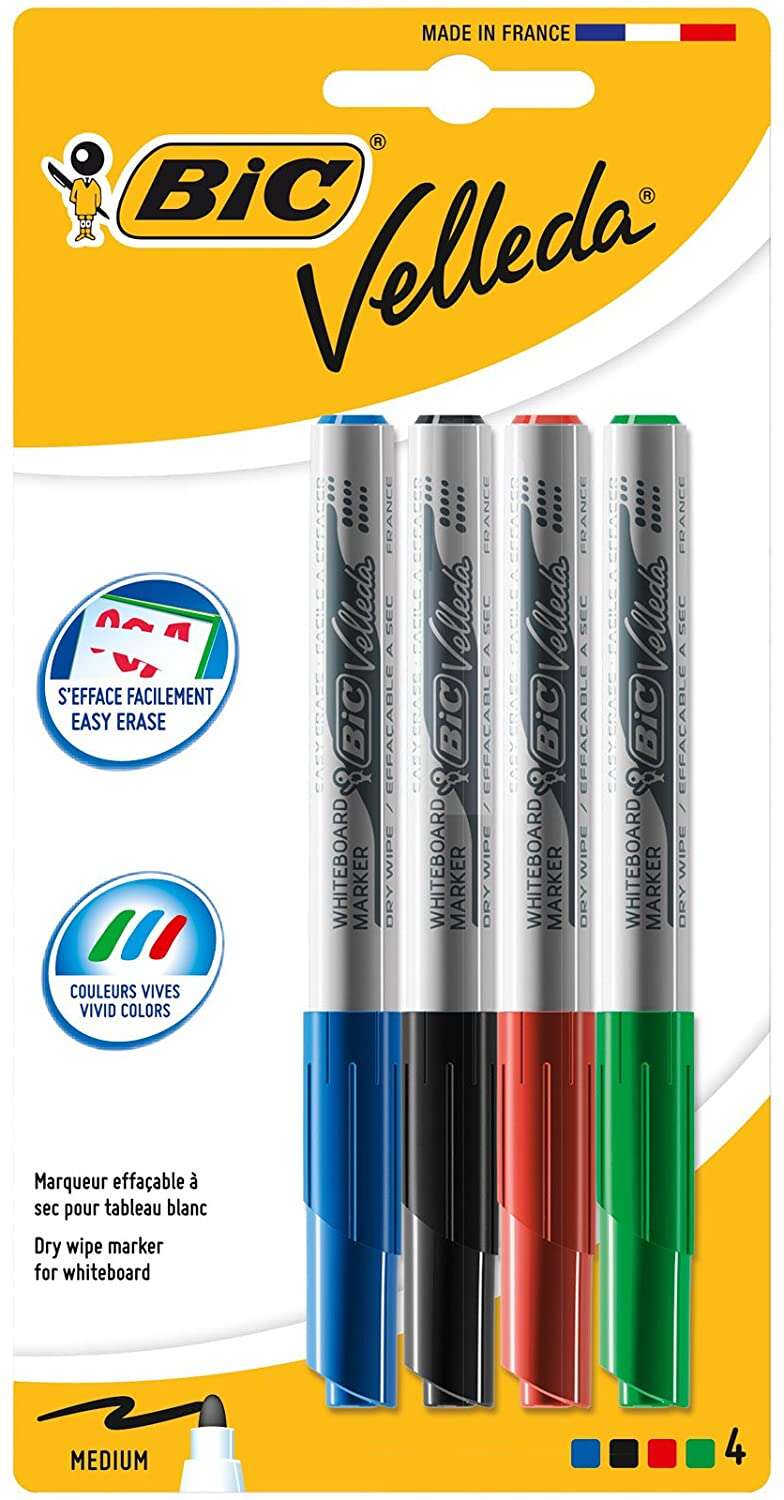 Bic Velleda 1741 Pack de 4 Rotuladores para Pizarra - Punta Media - Trazo de 1.4mm - Borrado Optimo