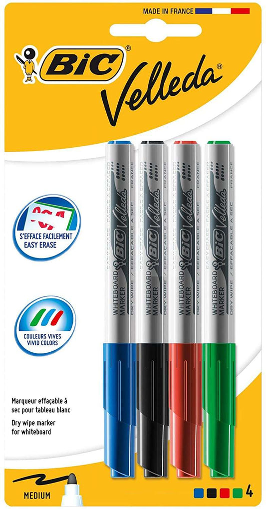 Bic Velleda 1741 Pack de 4 Rotuladores para Pizarra - Punta Media - Trazo de 1.4mm - Borrado Optimo