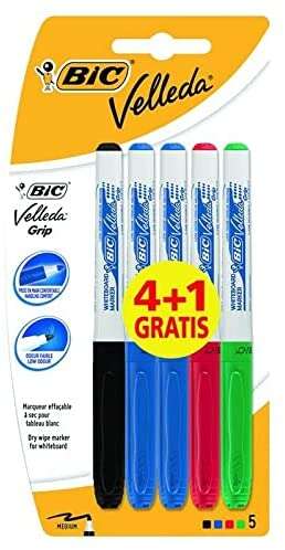 Bic Velleda Grip 4+1 Pack de 5 Rotuladores para Pizarra - Zona con Grip - Punta Media - Trazo de 1.2