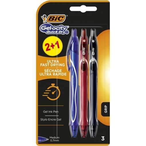 Bic Gel-Ocity Quick Dry 2+1 Pack de 3 Boligrafos Retractiles - Grip de Goma - Punta Media de 0.7mm -