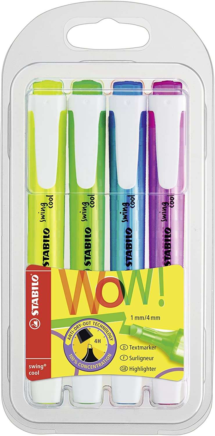 Stabilo Swing Cool Pack de 4 Marcadores Fluorescentes - Cuerpo Plano - Punta Biselada - Trazo entre