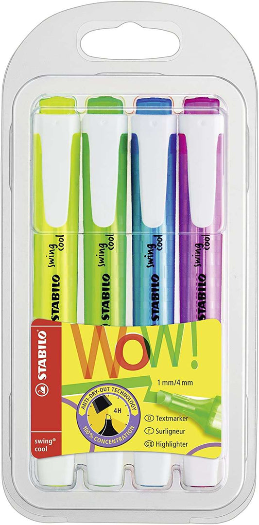 Stabilo Swing Cool Pack de 4 Marcadores Fluorescentes - Cuerpo Plano - Punta Biselada - Trazo entre