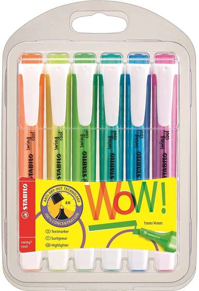 Stabilo Swing Cool Pack de 6 Marcadores Fluorescentes - Cuerpo Plano - Punta Biselada - Trazo entre