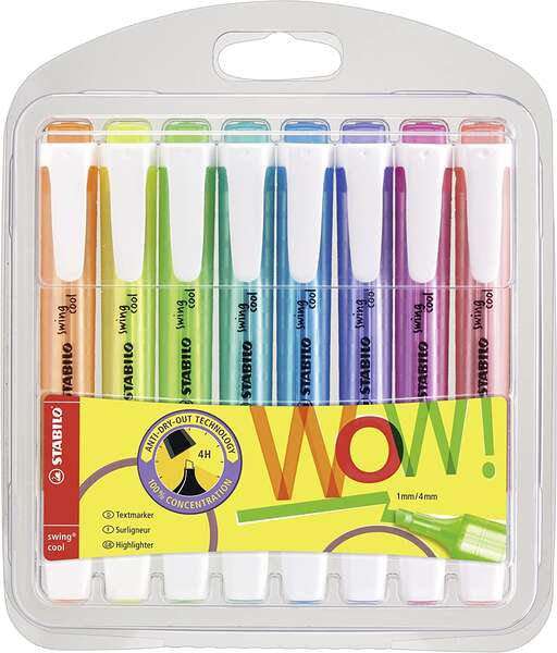Stabilo Swing Cool Pack de 8 Marcadores Fluorescentes - Cuerpo Plano - Punta Biselada - Trazo entre