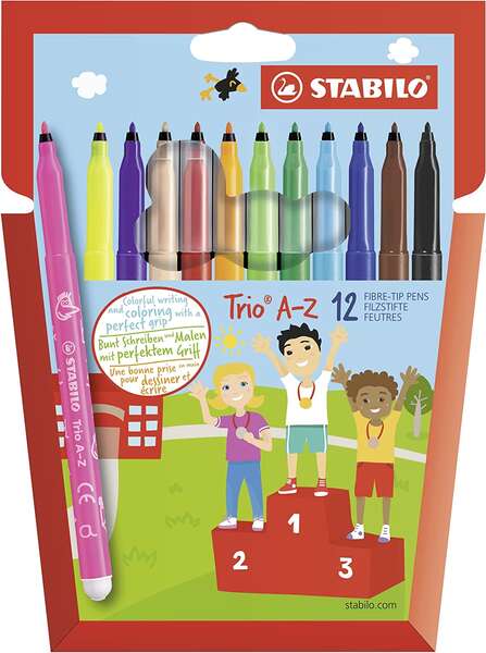 Stabilo Trio AZ Pack de 12 Rotulador de Punta Fina de Fibra - Trazo 0.7mm - Tinta Super Lavable - Fo