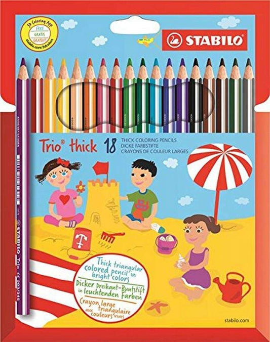 Stabilo Trio Thick Pack de 18 Lapices de Colores - Mina de 4.2mm - Forma Triangular - Colores Surtid