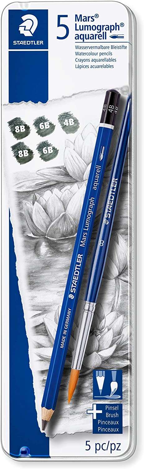 Staedtler Mars Lumograph Aquarell 100A Pack de 5 Lapices de Grafito + Pincel - Resistencia a la Rotu