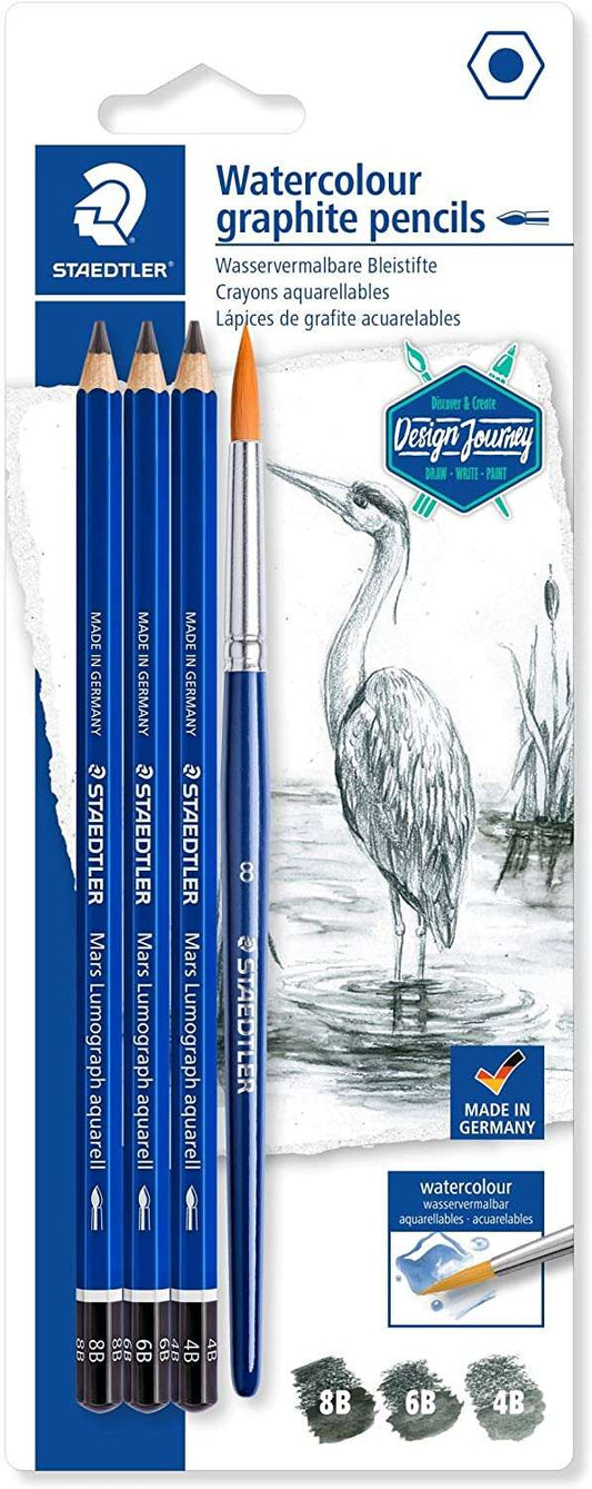 Staedtler Mars Lumograph Aquarell 100A Pack de 3 Lapices de Grafito + Pincel - Resistencia a la Rotu