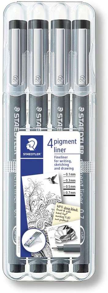 Staedtler Pigment Liner 308 Pack de 4 Rotuladores de Punta Fina - Punta Larga - Secado Rapido - Colo