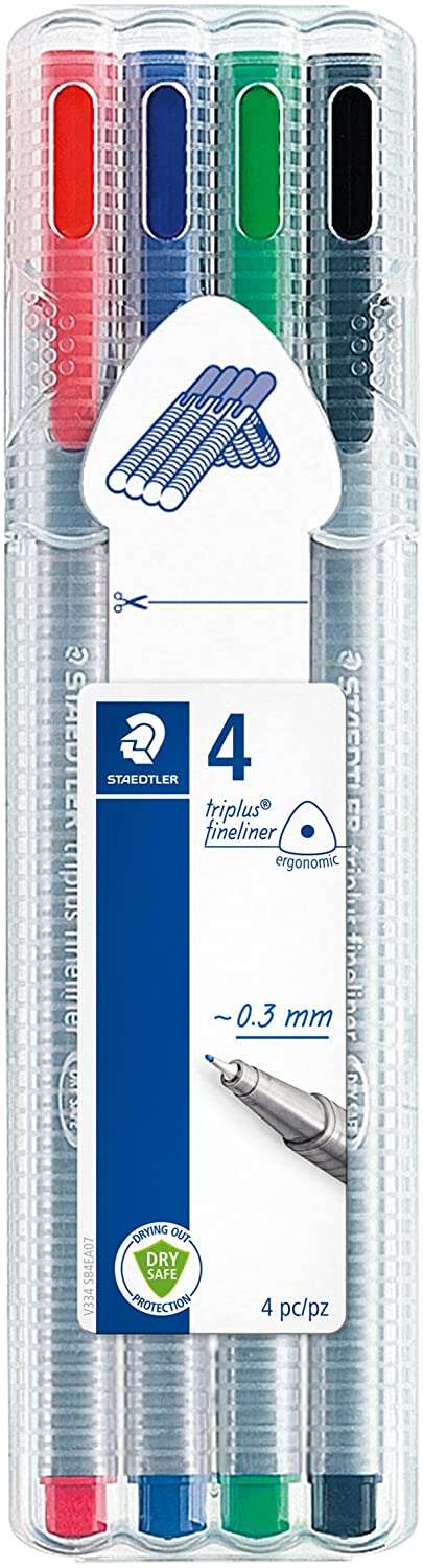 Staedtler Triplus Fineliner 334 Pack de 4 Rotuladores de Punta Fina - Trazo 0.3 mm Aprox - Tinta Bas