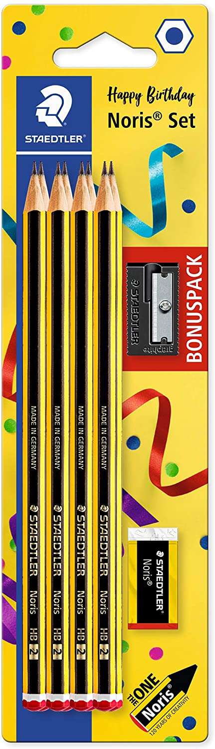 Staedtler Noris 120 Pack de 8 Lapices de Grafito Hexagonales + Goma de Borrar + Sacapuntas - Mina HB