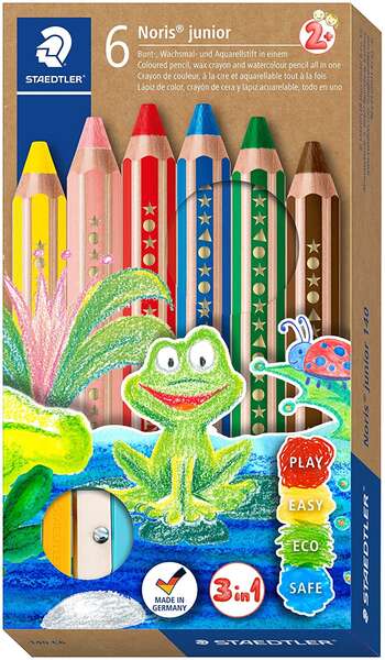 Staedtler Noris Junior Pack de 6 Lapices de Colores Extragruesos + Sacapuntas - 3 en 1, Lapiz, Cera y Acuarelable - Colores Surtidos