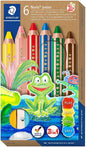 Staedtler Noris Junior Pack de 6 Lapices de Colores Extragruesos + Sacapuntas - 3 en 1, Lapiz, Cera y Acuarelable - Colores Surtidos