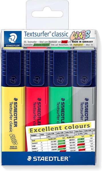 Staedtler Textsurfer Classic 364 Pack de 4 Marcadores Fluorescentes - Punta Biselada 1 - 5mm Aprox -