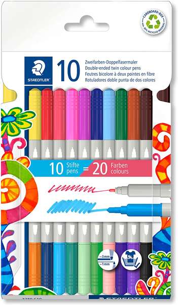 Staedtler Noris 3280 Pack de 10 Rotuladores con Doble Punta - Trazos 1mm y 3mm Aprox - Colores Surti