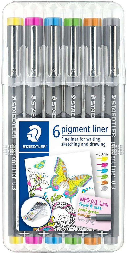 Staedtler Pigment Liner 308 Pack de 6 Rotuladores Calibrados - Trazo 0.3mm - Secado Rapido - Colores