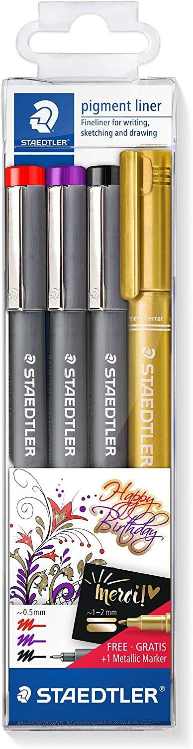 Staedtler Pigment Liner 308 Pack de 4 Rotuladores Calibrados - Trazo 0.5mm - Secado Rapido - Colores