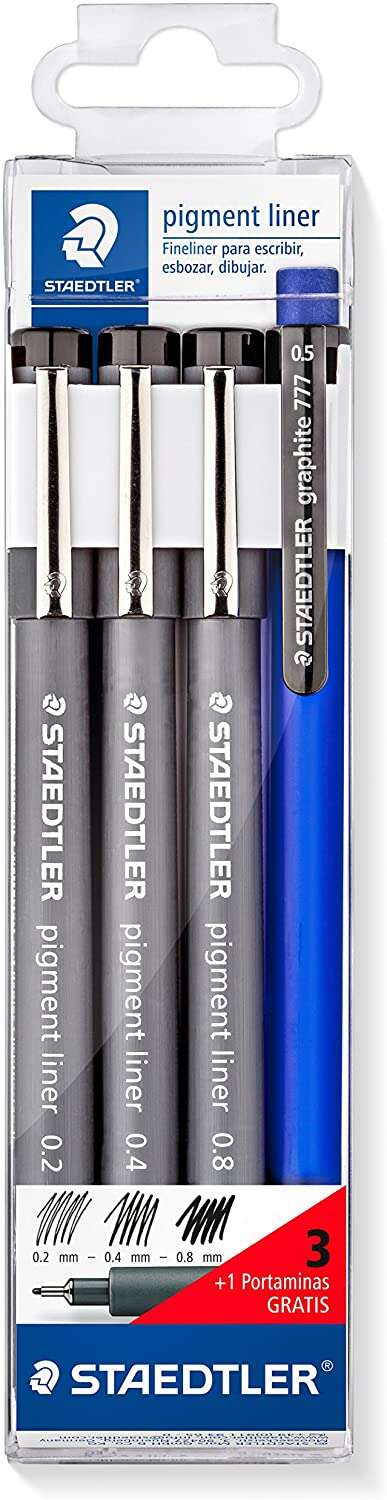 Staedtler Pigment Liner 308 Pack de 3 Rotuladores Calibrados 0,2 0,4 y 0,8mm + 1 Portaminas 0.5mm -
