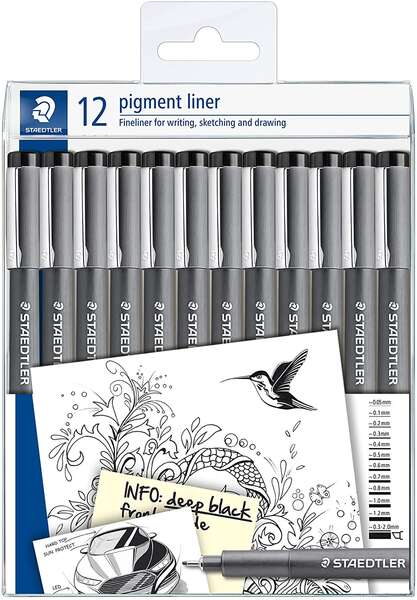 Staedtler Pigment Liner 308 Pack de 12 Rotuladores Calibrados - Tamaños de Puntas Surtidos - Color N