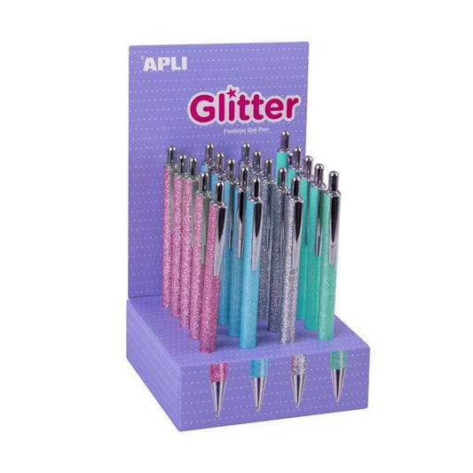 Apli Glitter Expositor de 20 Boligrafos de Metal - Tinta de Aceite - Secado Rapido - Punta 1mm - Col