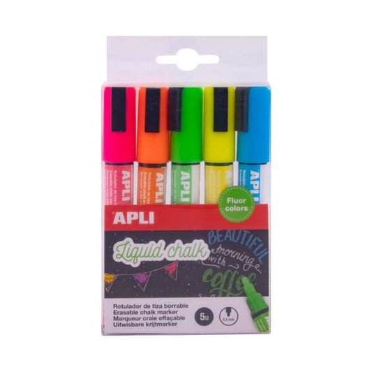 Apli Pack de 5 Rotuladores de Tiza Liquida Punta Redonda - Punta 5.5 mm - Secado Rapido - Colores Su