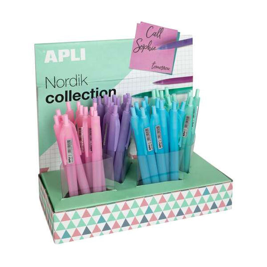 Apli Nordik Expositor con 48 Boligrafos de Gel - Punta 0.5mm - Tinta Azul - Acabado Silicona - Color