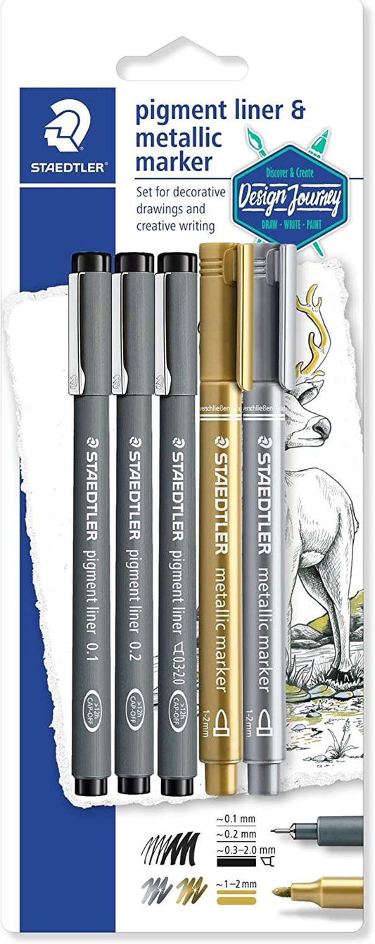 Staedtler Pigment Liner 308 Pack de 5 Rotuladores Calibrados - Tinta Resistente a la Luz y Agua - Pa