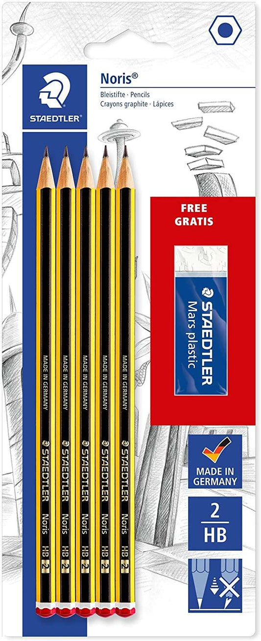 Staedtler Noris 120 Pack de 5 Lapices de Grafito Hexagonales 2HB + 1 Goma de Borrar Mars Plastic - M