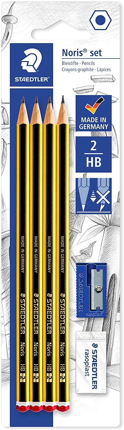 Staedtler Noris 120 Pack de 4 Lapices de Grafito Hexagonales 2HB + 1 Goma de Borrar Rasoplast + 1 Sa
