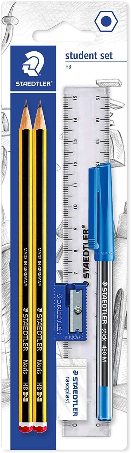 Staedtler Pack de 2 Lapices Noris de Grafito Hexagonales 2HB + 1 Boligrafo Stick 430 Azul + 1 Goma d
