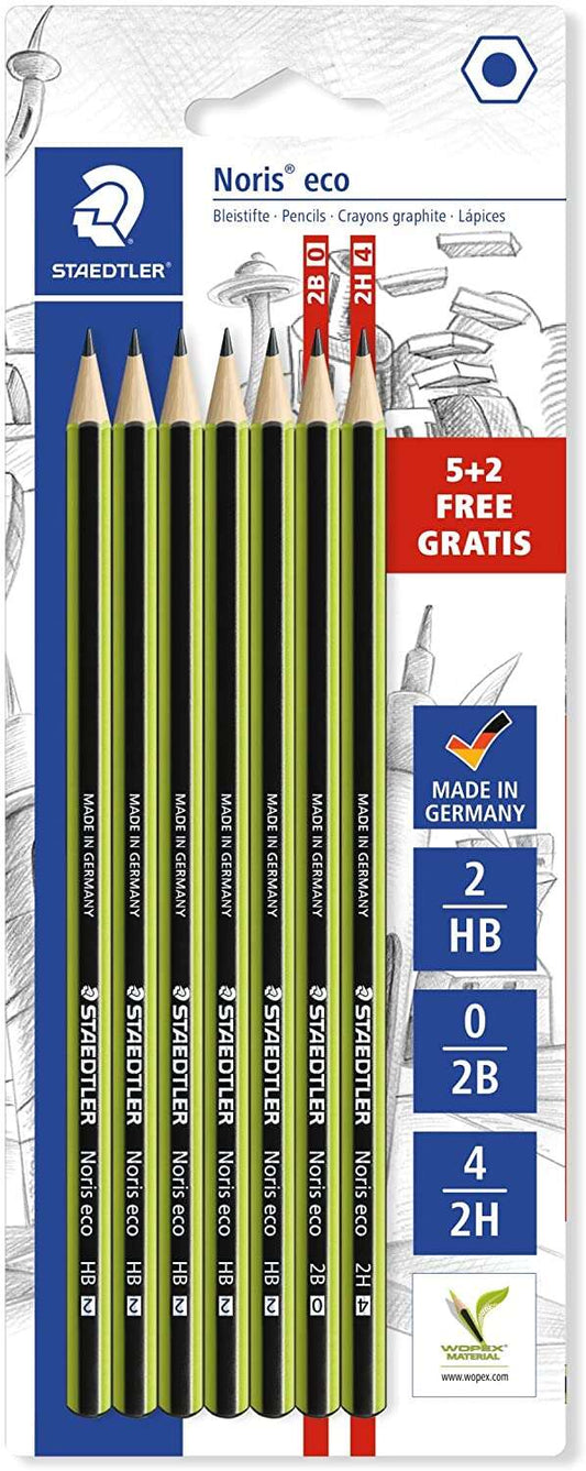 Staedtler Noris Eco Pack de 7 Lapices de Grafito Hexagonales - Graduaciones Surtidas - Superficie At