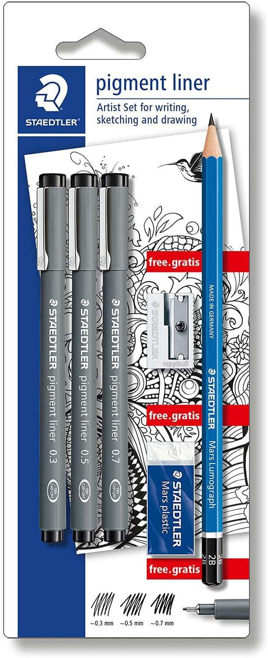 Staedtler Pigment Liner 308 Pack de 3 Rotuladores Calibrados Negros, Trazos Surtidos + 1 Goma de Bor