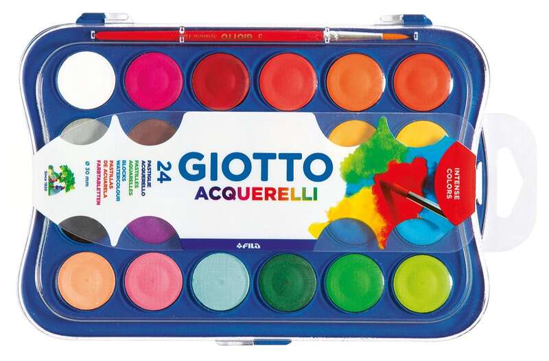 Giotto Estuche de 24 Acuarelas de 30mm + Pincel - Colores Brillantes, Intensos y Vivos - Muy Cubrien