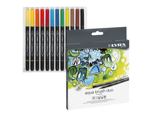 Lyra Aqua Brush Duo Pack 12 Rotuladores de Doble Punta - Punta Pincel 4mm, Punta Fina 2mm - Tinta Ba