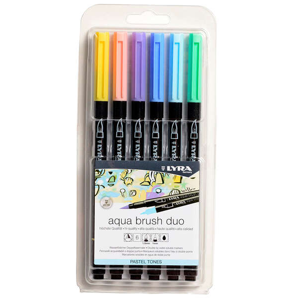 Lyra Aqua Brush Duo Pastel Tones Pack 6 Rotuladores de Doble Punta - Punta Pincel 4mm, Punta Fina 2m