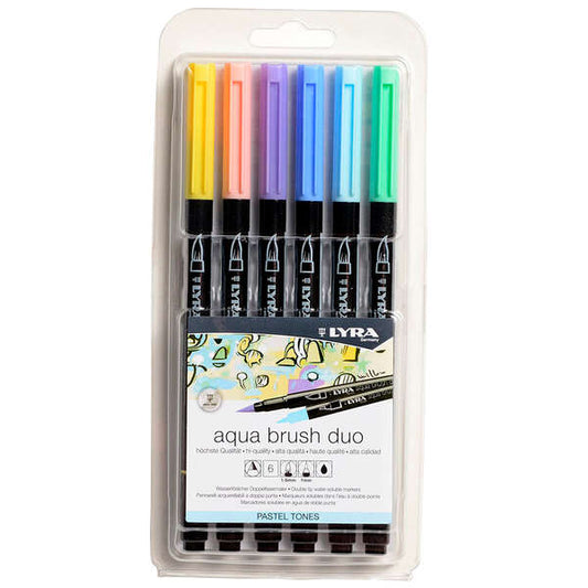Lyra Aqua Brush Duo Pastel Tones Pack 6 Rotuladores de Doble Punta - Punta Pincel 4mm, Punta Fina 2m