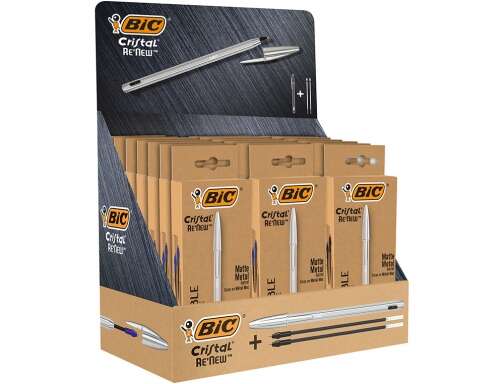 Bic Cristal Re´new Expositor de 21 Boligrafos de Bola con Cuerpo Metalico + 2 Recambios - 15 Tinta A