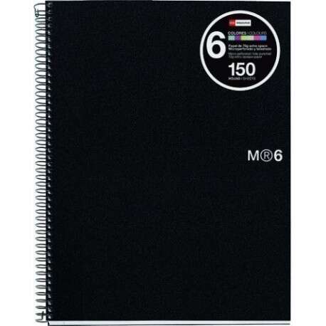 Miquel Rius Notebook6 Cuaderno de Espiral Formato A5 - 150 Hojas de 70gr Microperforadas con 2 Taladros - Cubiertas de Polipropileno - Cuadricula 5x5 - Color Negro - Cantidad: 5