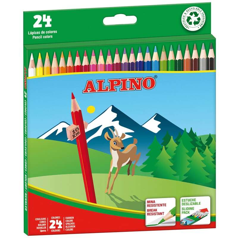 Alpino Pack de 24 Lapices de Colores Hexagonales - Mina de 3mm - Resistente a la Rotura - Bandeja Ex